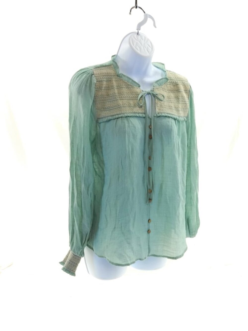 By The River Sage Green Boho Crochet Yoke Blouse Women’s Large